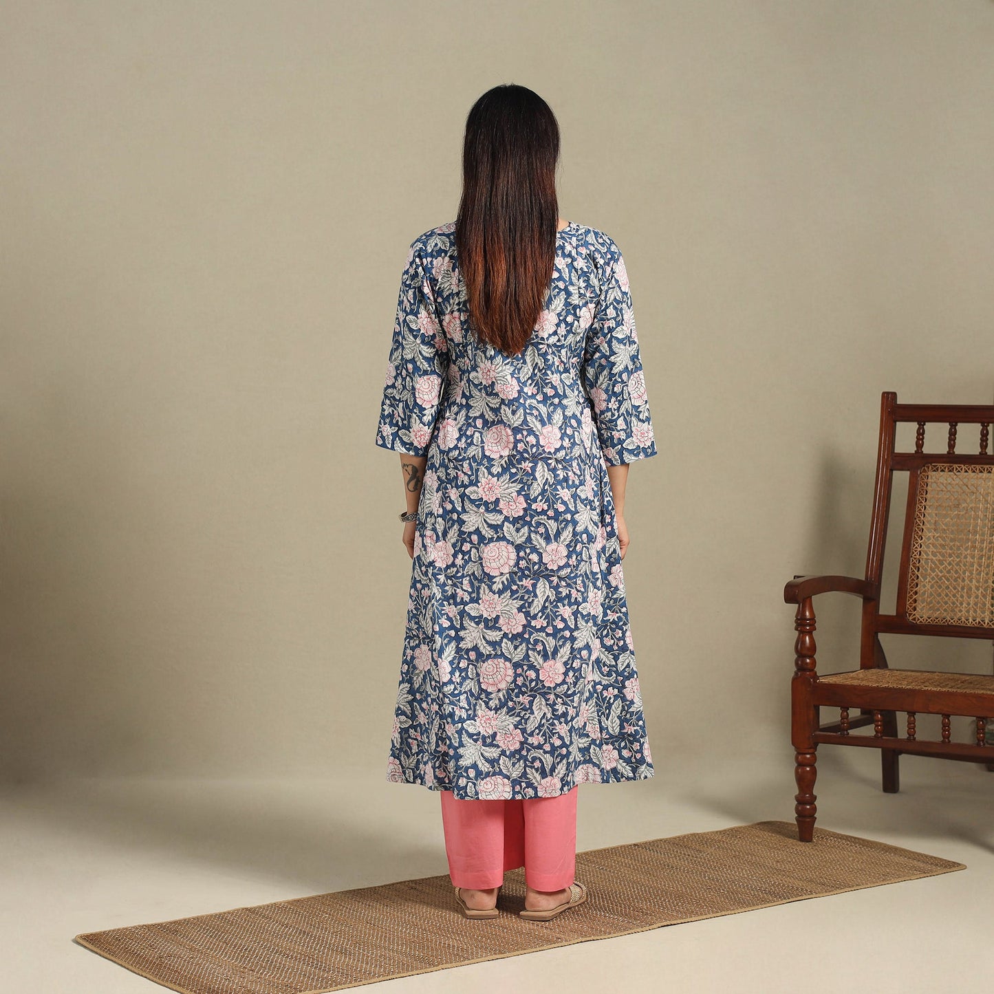 Blue - cotton a-line sanganeri kurta 11 - handcrafted