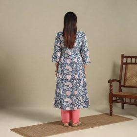 Blue - cotton a-line sanganeri kurta 11 - handcrafted