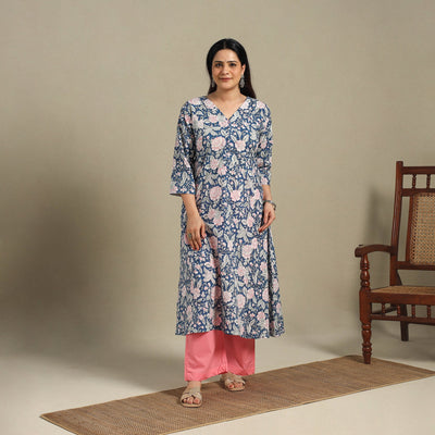 Blue - cotton a-line sanganeri kurta 11 - handcrafted