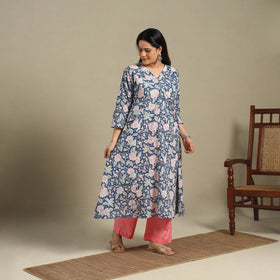 Blue - cotton a-line sanganeri kurta 11 - handcrafted