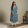 Blue Block Print Cotton A-Line Sanganeri Kurta