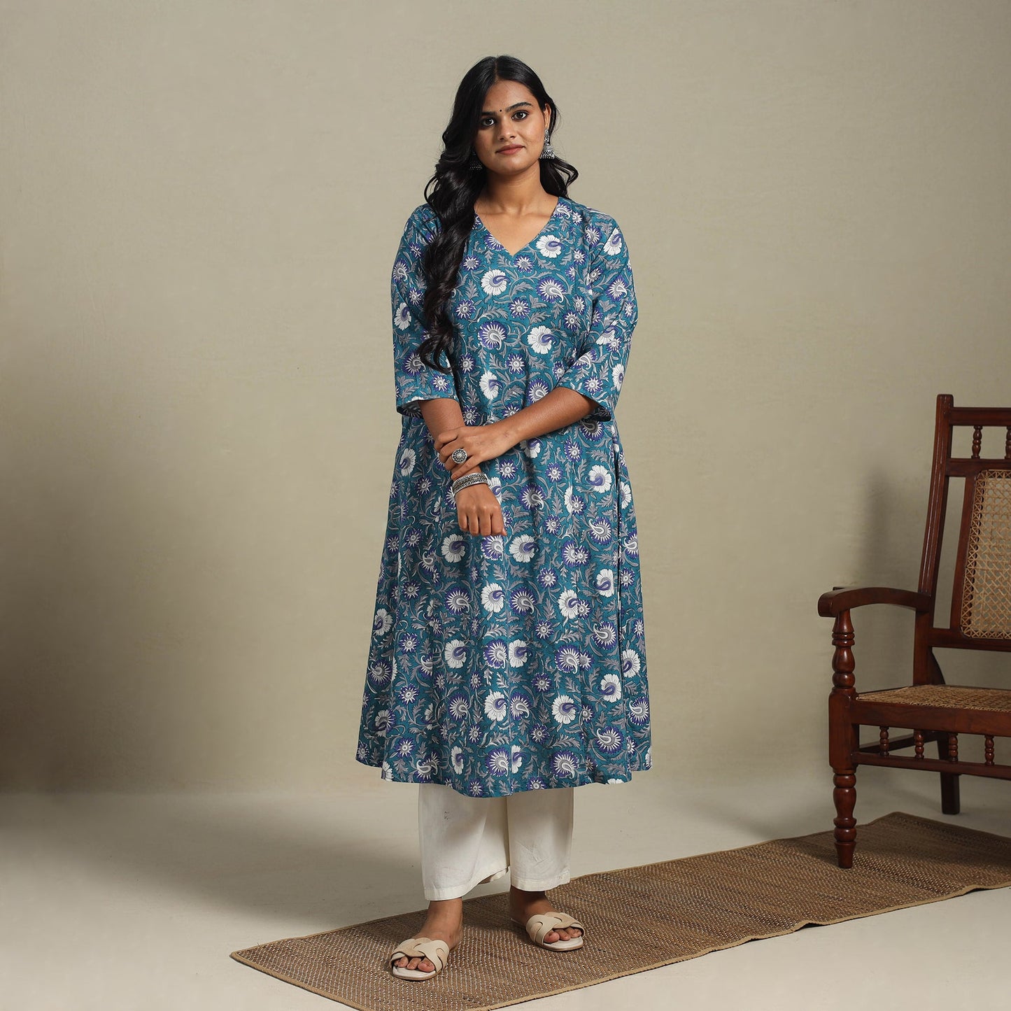 Blue Block Print Cotton A-Line Sanganeri Kurta