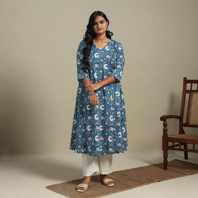 Blue Block Print Cotton A-Line Sanganeri Kurta