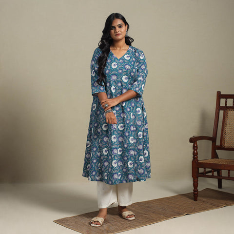 Blue Block Print Cotton A-Line Sanganeri Kurta
