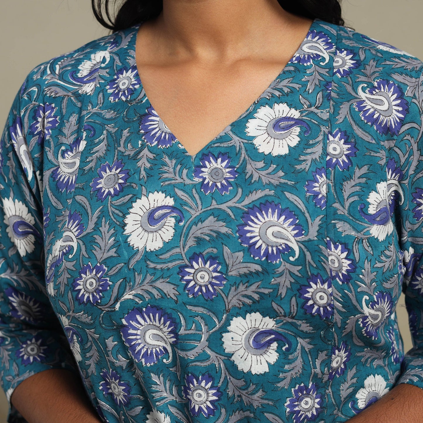 Blue Block Print Cotton A-Line Sanganeri Kurta