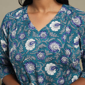 Blue Block Print Cotton A-Line Sanganeri Kurta