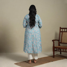 Blue Block Print Cotton A-Line Sanganeri Kurta
