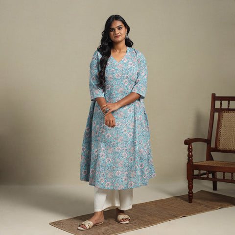 Blue Block Print Cotton A-Line Sanganeri Kurta