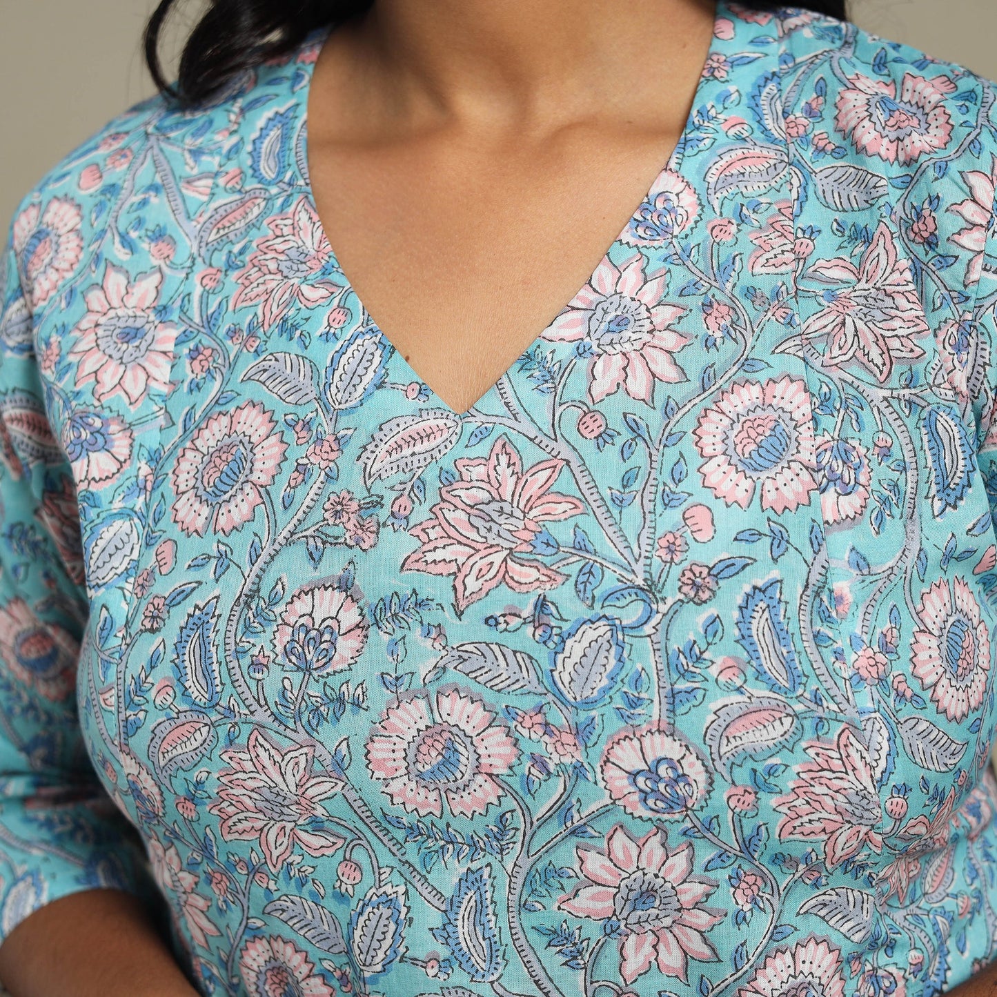 Blue Block Print Cotton A-Line Sanganeri Kurta
