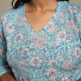 Blue Block Print Cotton A-Line Sanganeri Kurta
