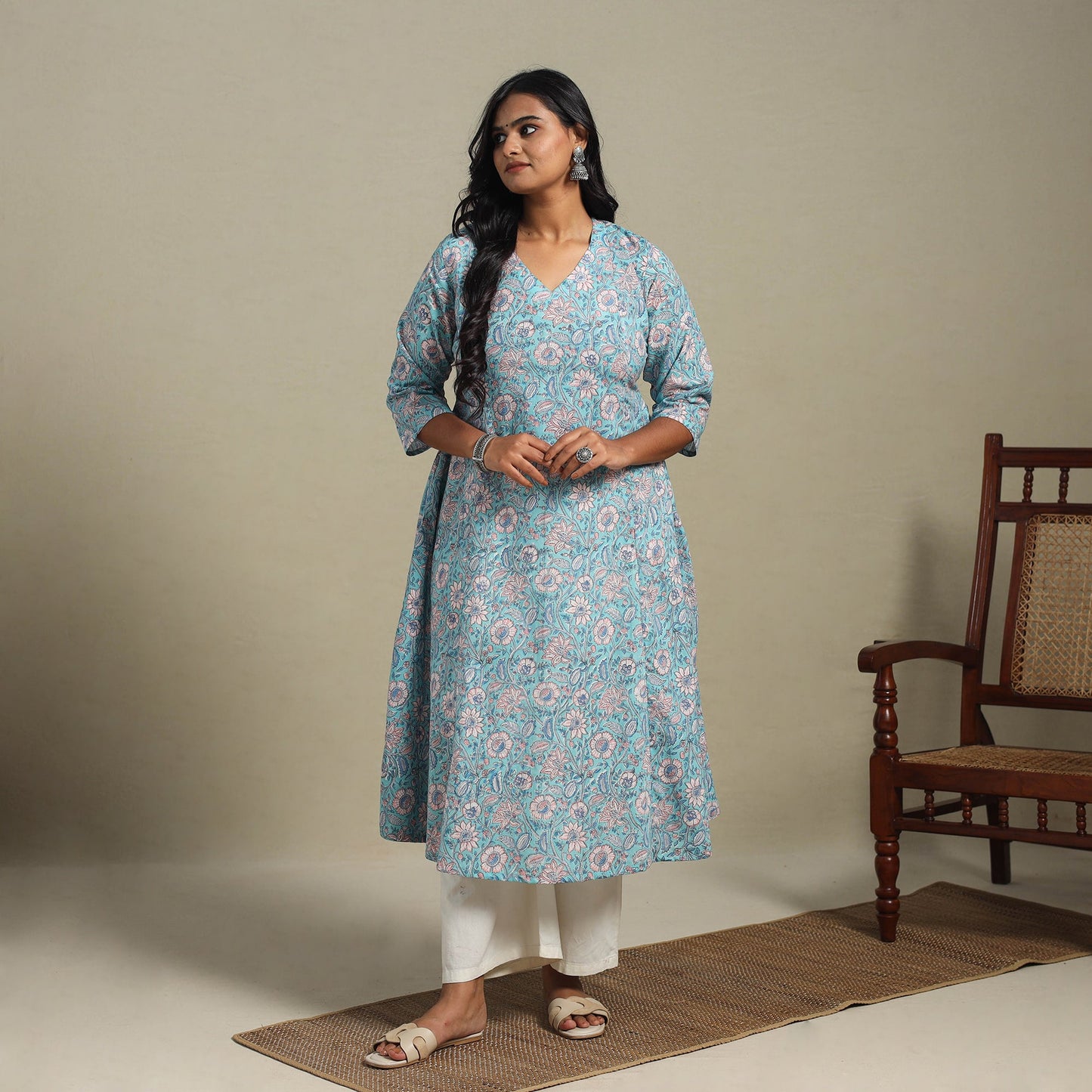 Blue Block Print Cotton A-Line Sanganeri Kurta