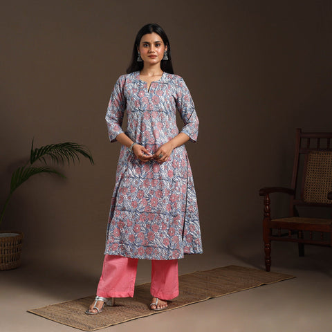 Blue - cotton a-line sanganeri kurta 12 - handcrafted