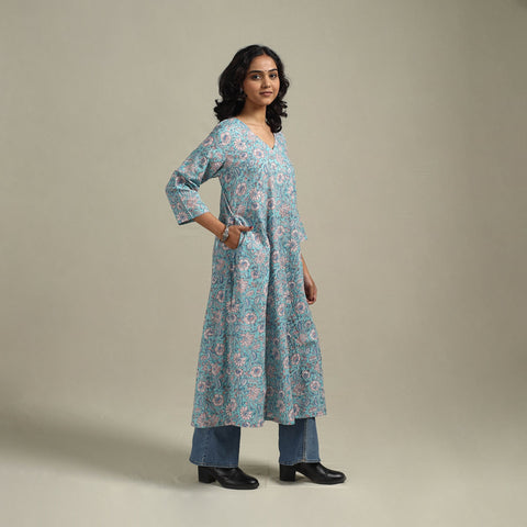 Blue - cotton a-line sanganeri kurta 12 - handcrafted
