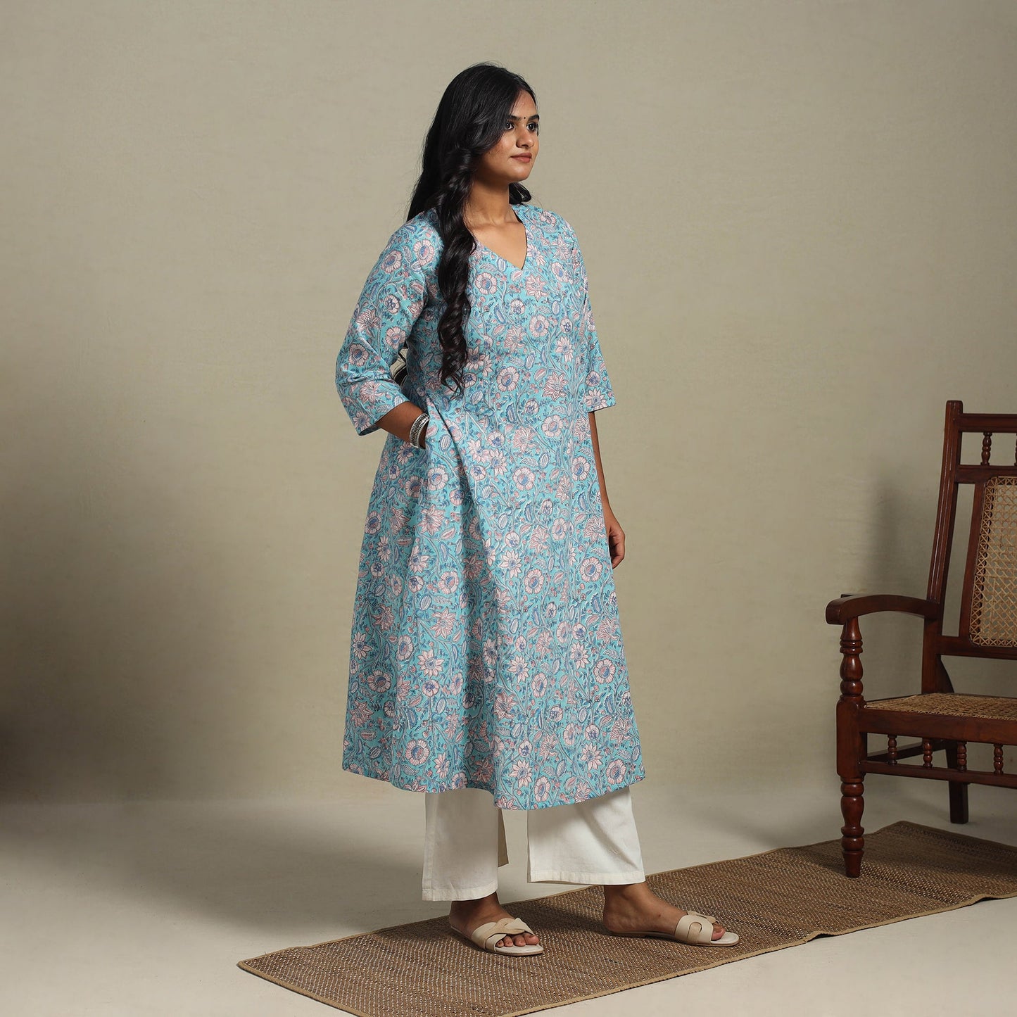 Blue Block Print Cotton A-Line Sanganeri Kurta