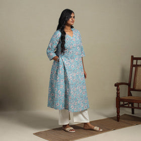 Blue Block Print Cotton A-Line Sanganeri Kurta
