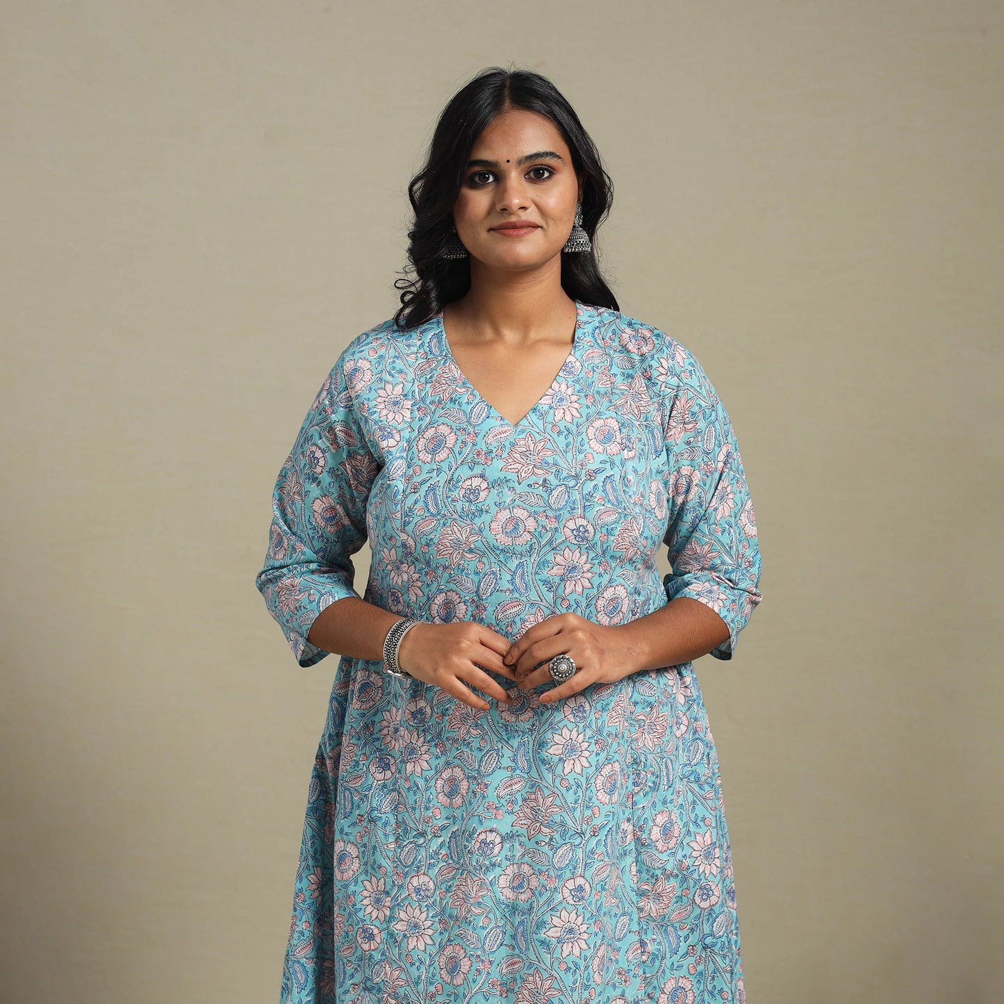 Blue Block Print Cotton A-Line Sanganeri Kurta
