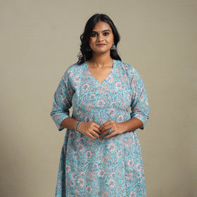 Blue Block Print Cotton A-Line Sanganeri Kurta