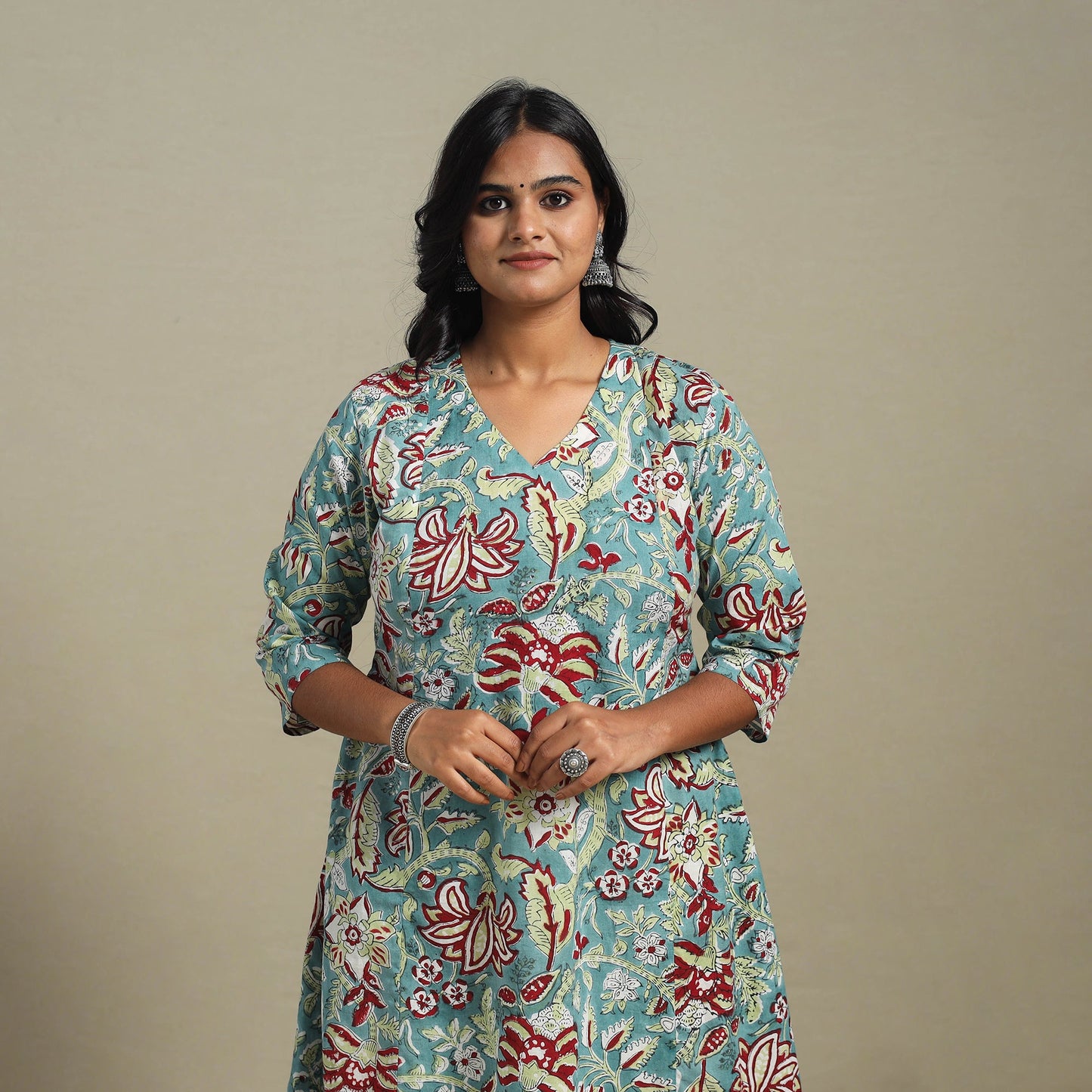 Blue Block Print Cotton A-Line Sanganeri Kurta