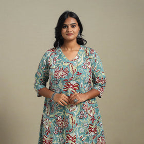 Blue Block Print Cotton A-Line Sanganeri Kurta