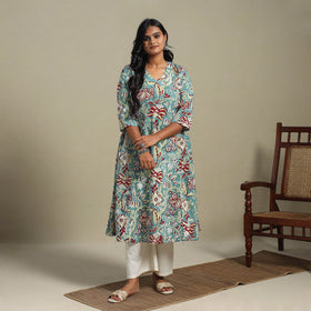 Blue Block Print Cotton A-Line Sanganeri Kurta
