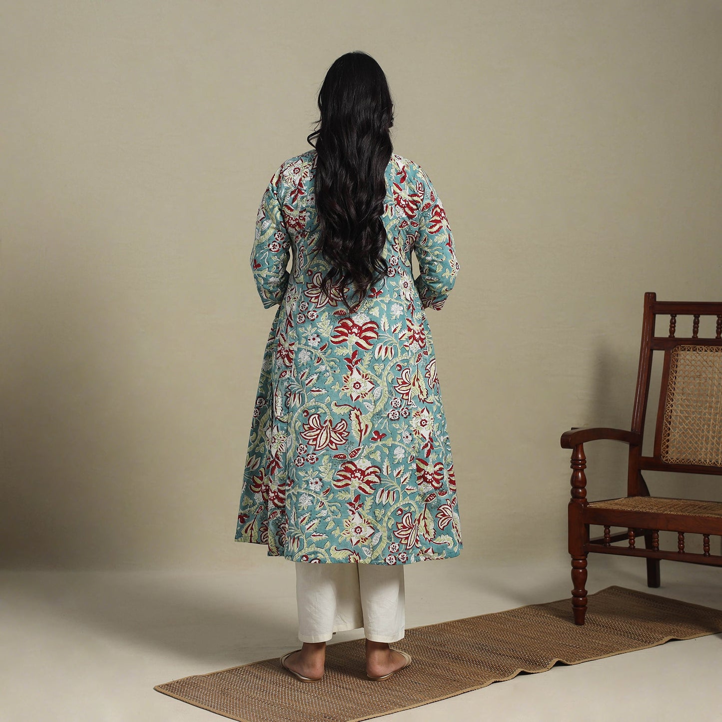 Blue Block Print Cotton A-Line Sanganeri Kurta