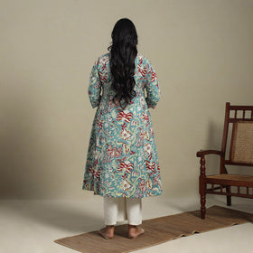 Blue Block Print Cotton A-Line Sanganeri Kurta