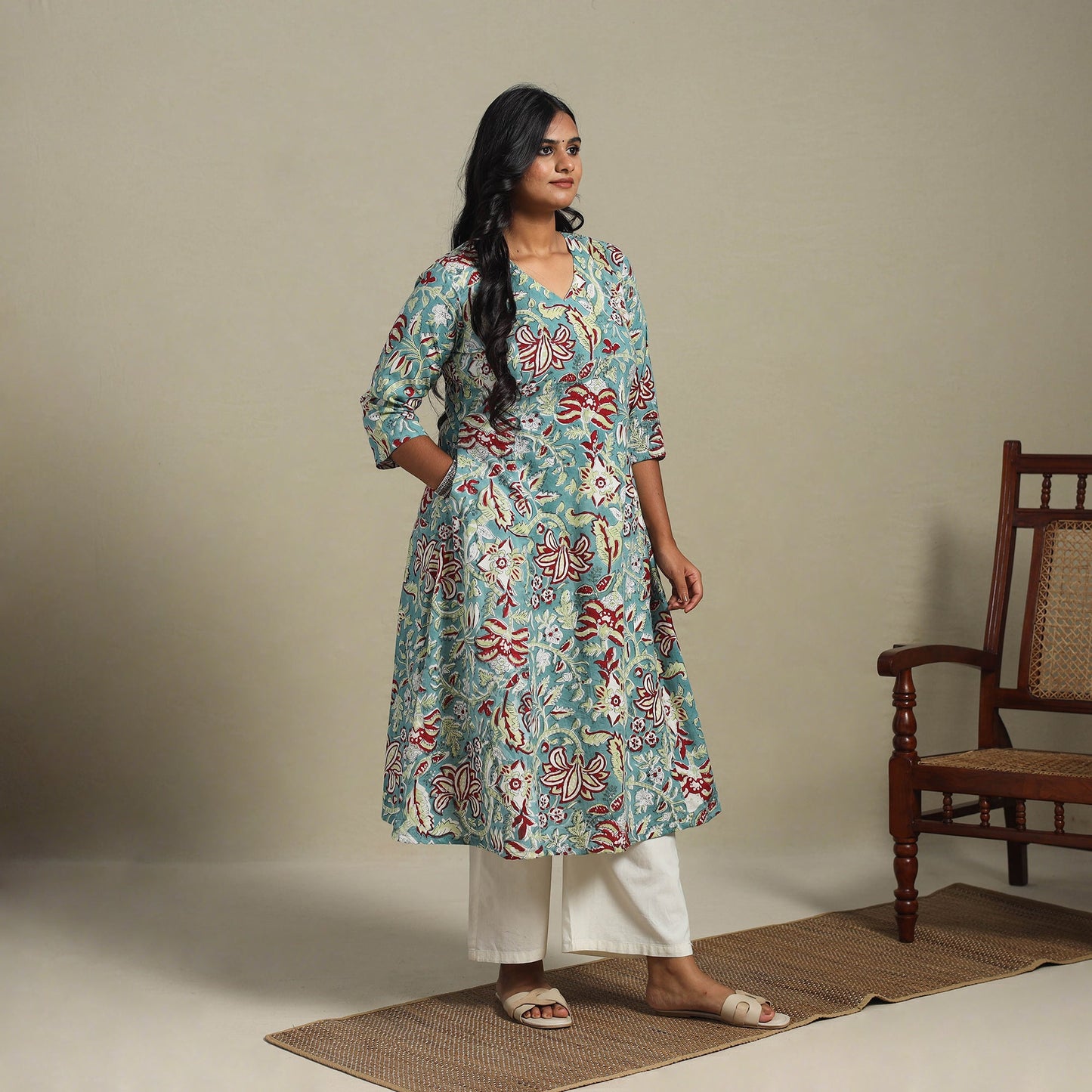 Blue Block Print Cotton A-Line Sanganeri Kurta