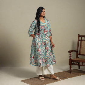 Blue Block Print Cotton A-Line Sanganeri Kurta