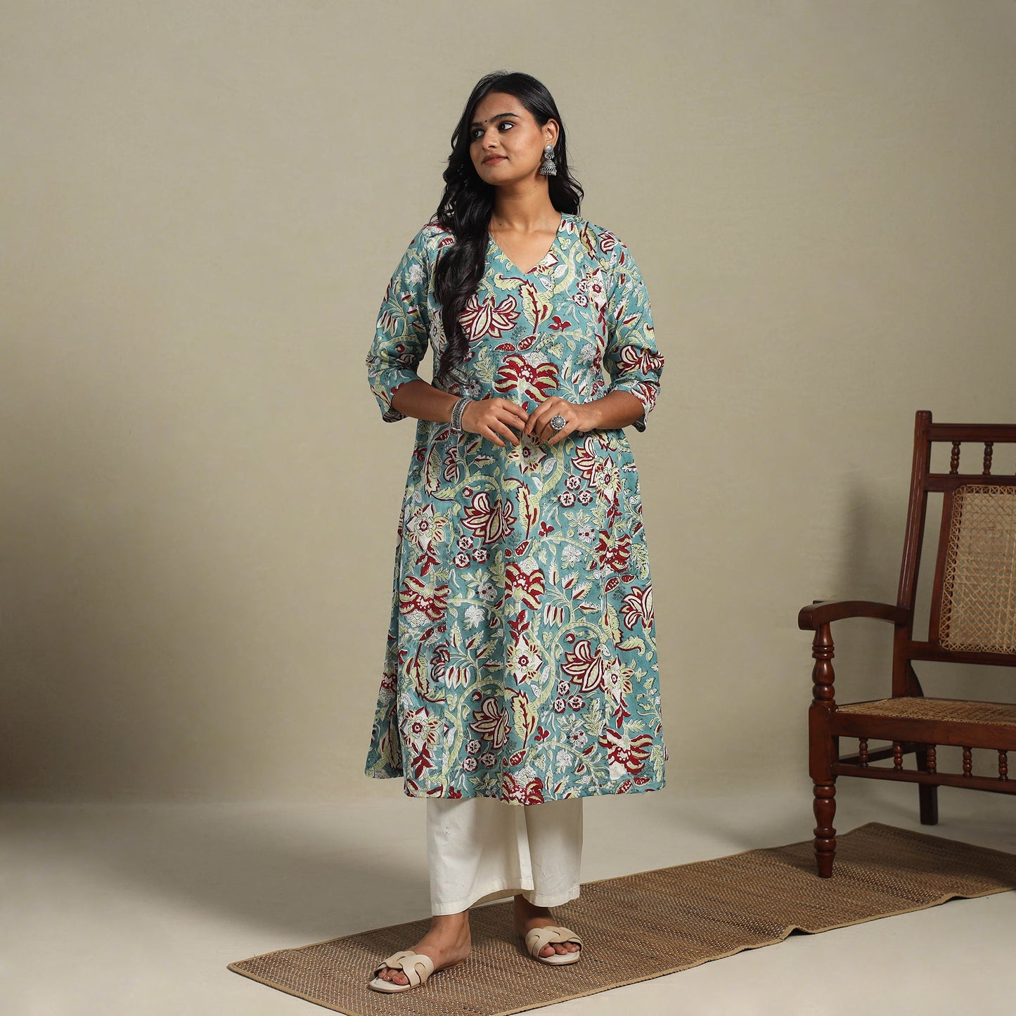 Blue Block Print Cotton A-Line Sanganeri Kurta