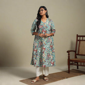 Blue Block Print Cotton A-Line Sanganeri Kurta