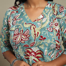 Blue Block Print Cotton A-Line Sanganeri Kurta