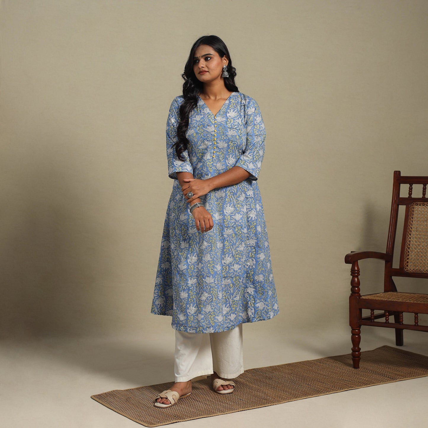Blue Block Print Cotton A-Line Sanganeri Kurta