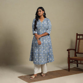 Blue Block Print Cotton A-Line Sanganeri Kurta