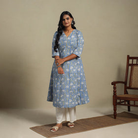 Blue Block Print Cotton A-Line Sanganeri Kurta