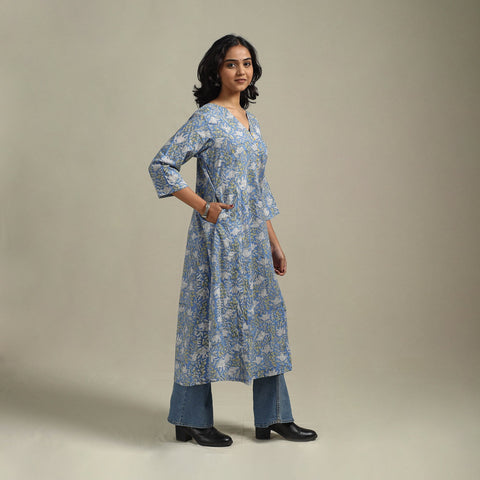 Blue - cotton a-line sanganeri kurta 16 - handcrafted