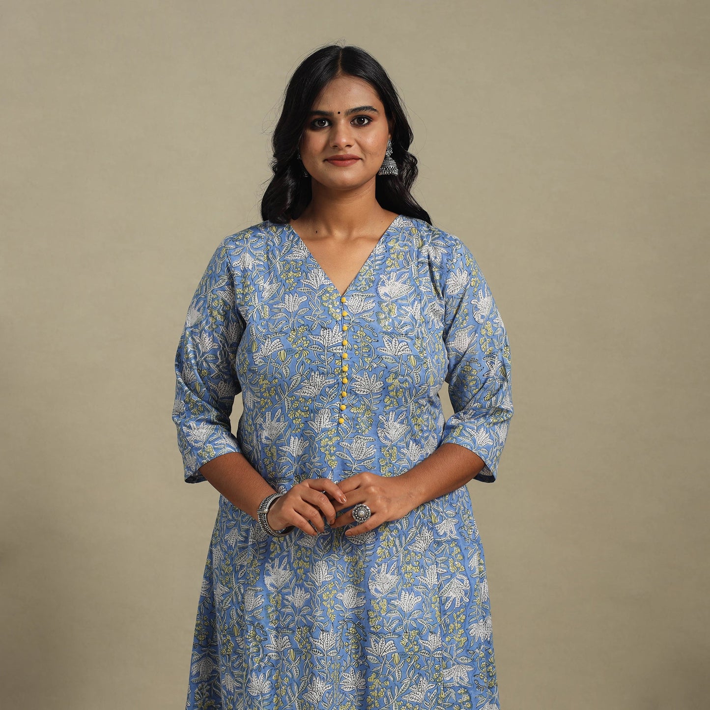 Blue Block Print Cotton A-Line Sanganeri Kurta