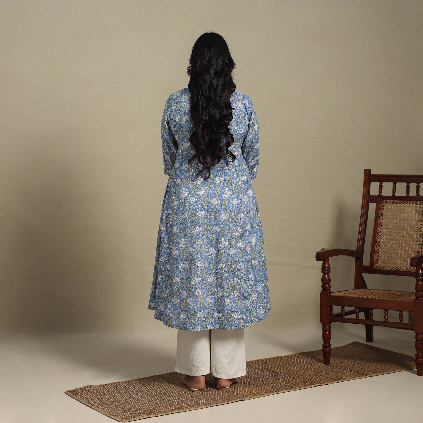 Blue Block Print Cotton A-Line Sanganeri Kurta