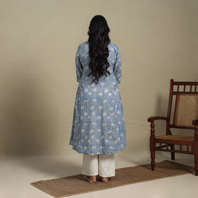 Blue Block Print Cotton A-Line Sanganeri Kurta