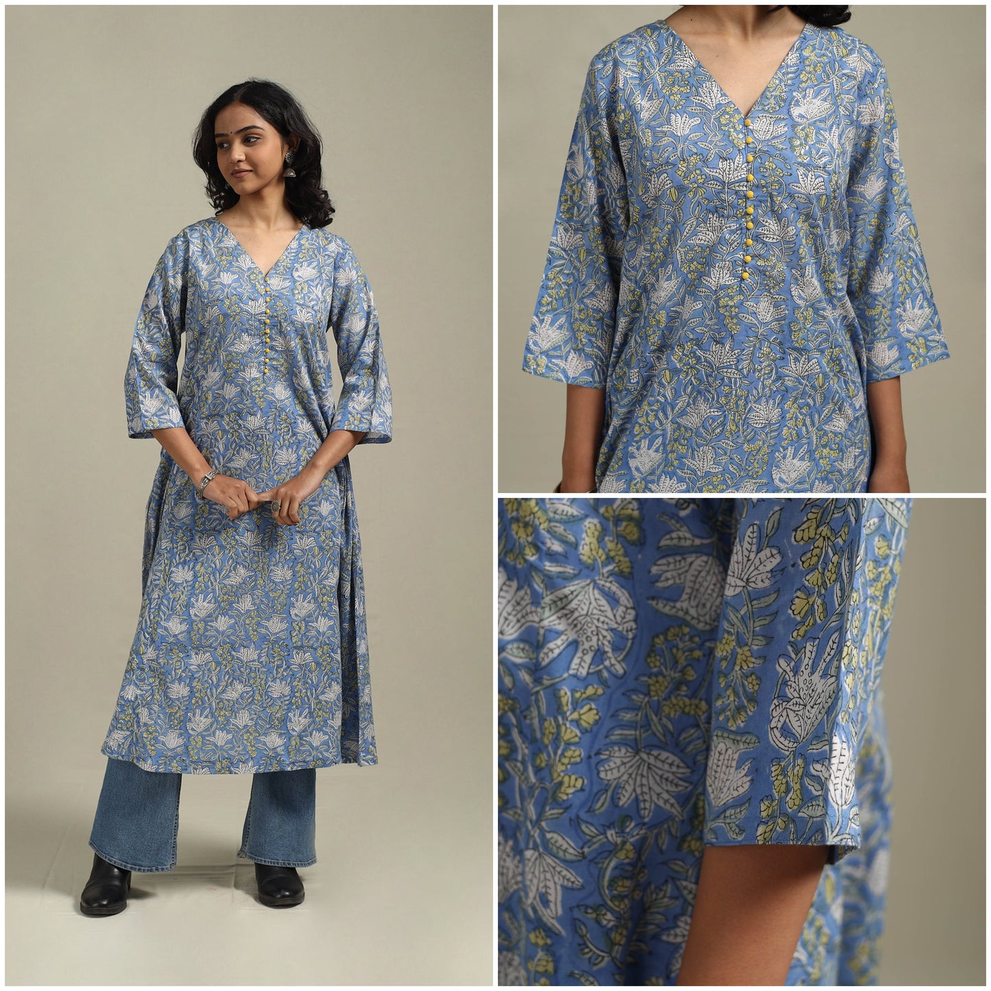 Blue - cotton a-line sanganeri kurta 16 - handcrafted