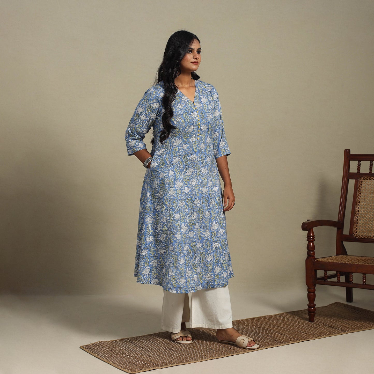 Blue Block Print Cotton A-Line Sanganeri Kurta