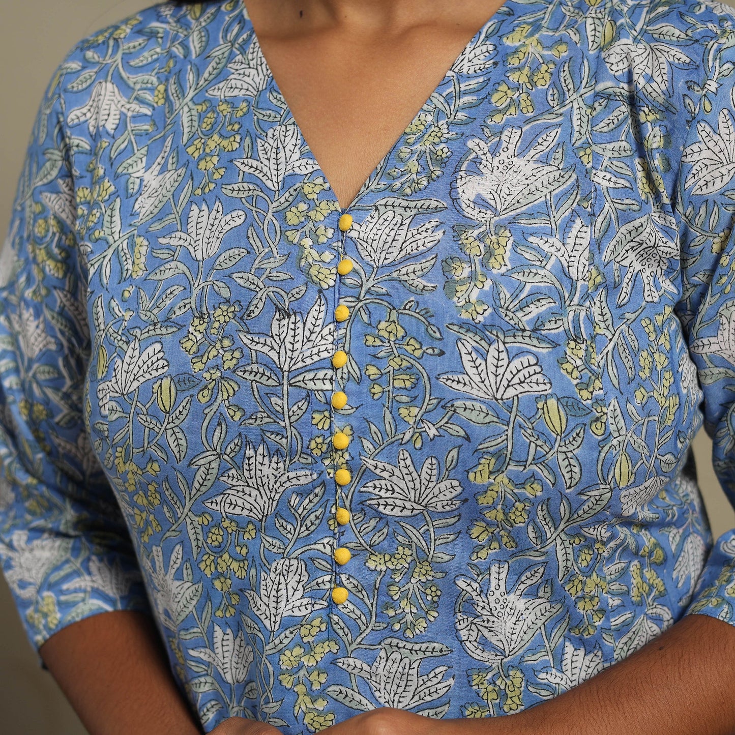 Blue Block Print Cotton A-Line Sanganeri Kurta
