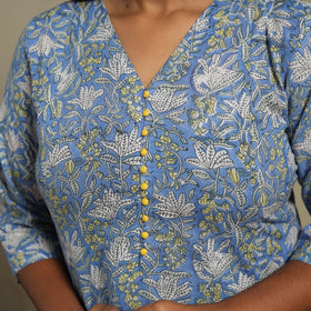 Blue Block Print Cotton A-Line Sanganeri Kurta