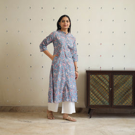Blue Block Print Cotton A-Line Sanganeri Kurta 