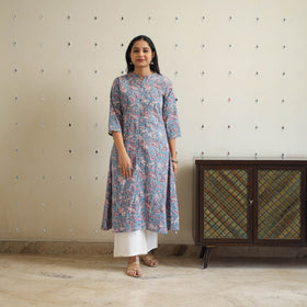 Blue Block Print Cotton A-Line Sanganeri Kurta 