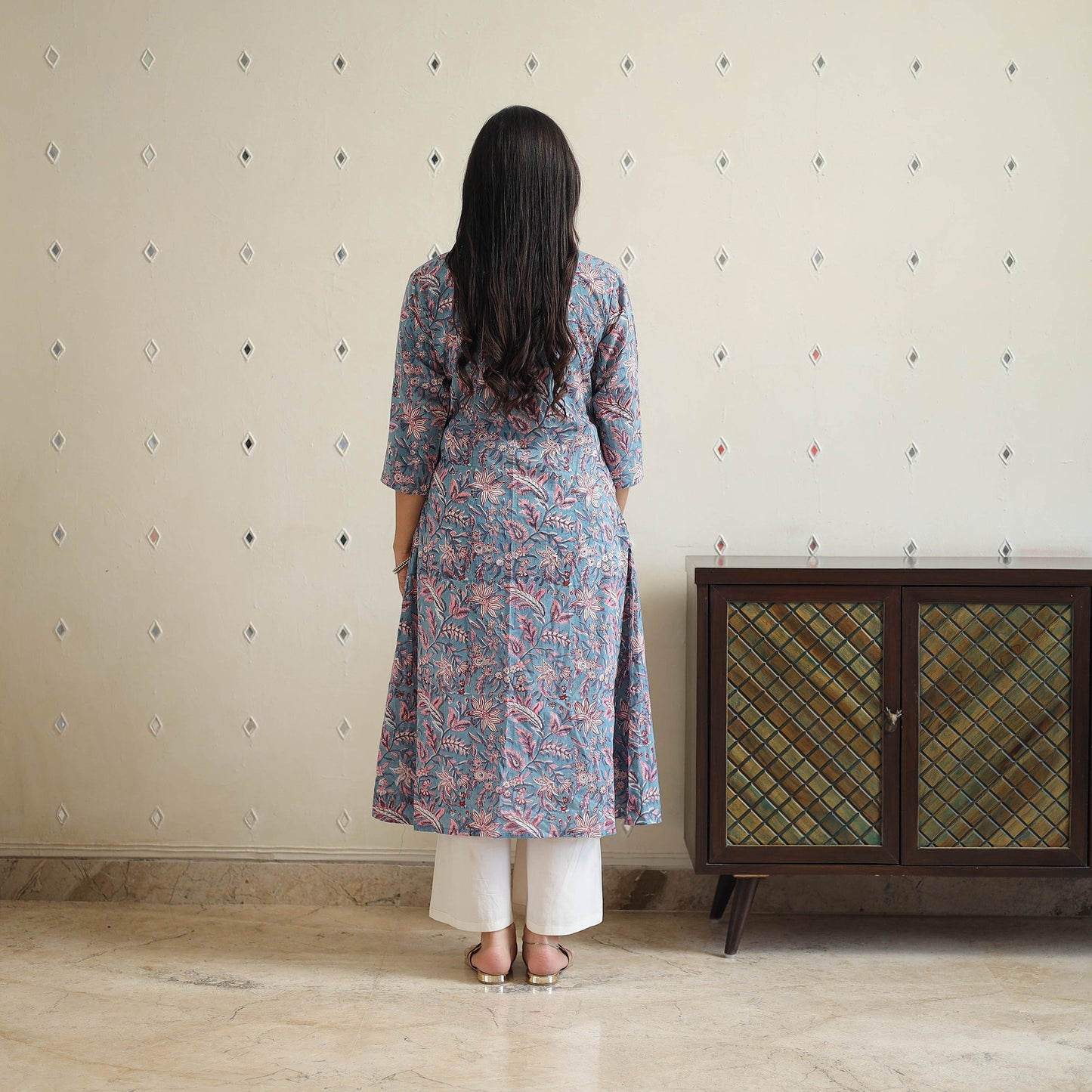 Blue Block Print Cotton A-Line Sanganeri Kurta 