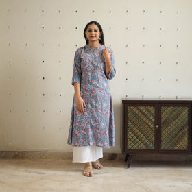 Blue Block Print Cotton A-Line Sanganeri Kurta 