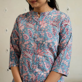 Blue Block Print Cotton A-Line Sanganeri Kurta 