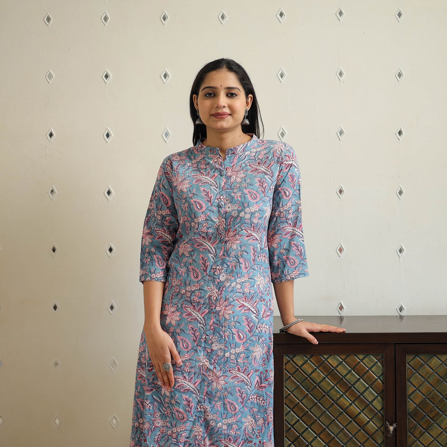 Blue Block Print Cotton A-Line Sanganeri Kurta 