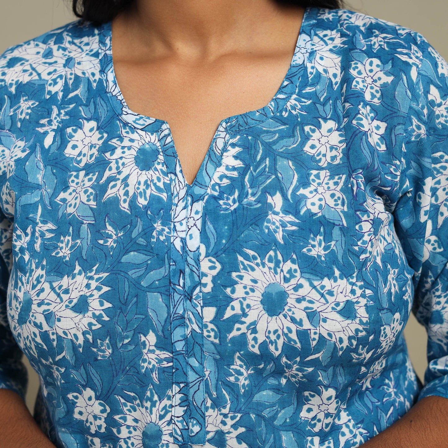 Blue - cotton a-line sanganeri kurta 25 - handcrafted