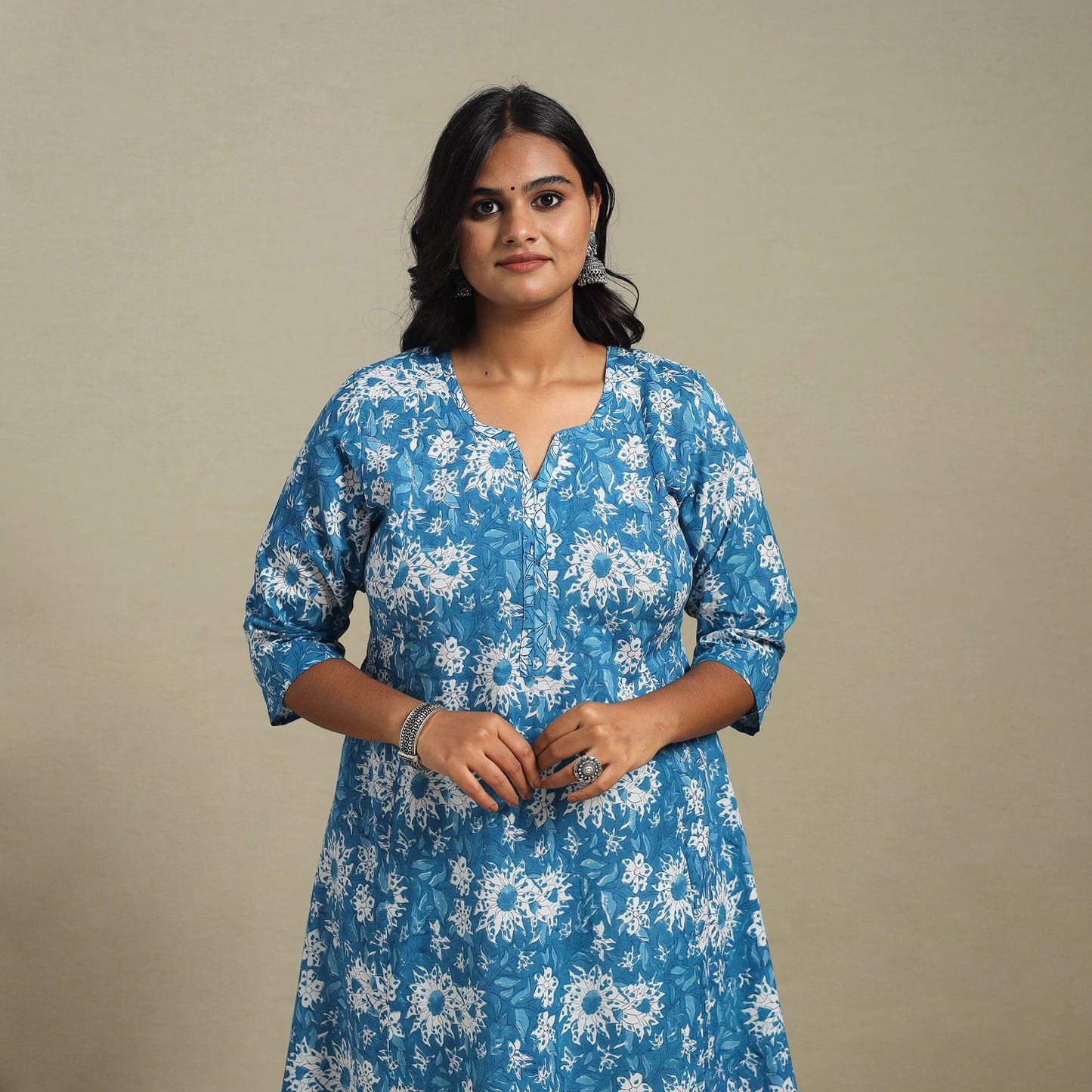Blue - cotton a-line sanganeri kurta 25 - handcrafted